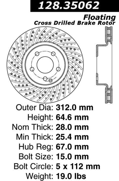 Centric Parts Disc Brake Rotor Premium OE Style Drilled with Electrocoating finish for 2003-2006 Mercedes-Benz E350 E500 2008-2009 Tesla Roadster 128.35062