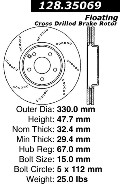 Centric Parts Disc Brake Rotor Premium OE Style Drilled for 2009-2007 Mercedes-Benz E350 2006-2004 E500 2009-2007 E550 128.35069
