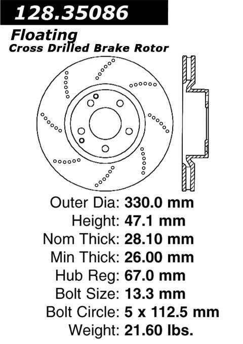 Centric Parts Disc Brake Rotor Premium OE Style Drilled with Electrocoating finish for 2004-2007 C230, 2003-2005 C320, 2008-2009 CLK350, 2006-2008 SLK280, 2009-2011 SLK300, 2005-2011 SLK350 128.35086