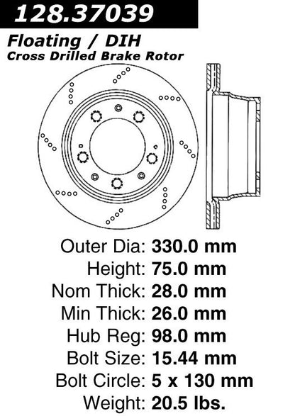Stoptech Centric Drilled OE Design Brake Rotor 128.37039