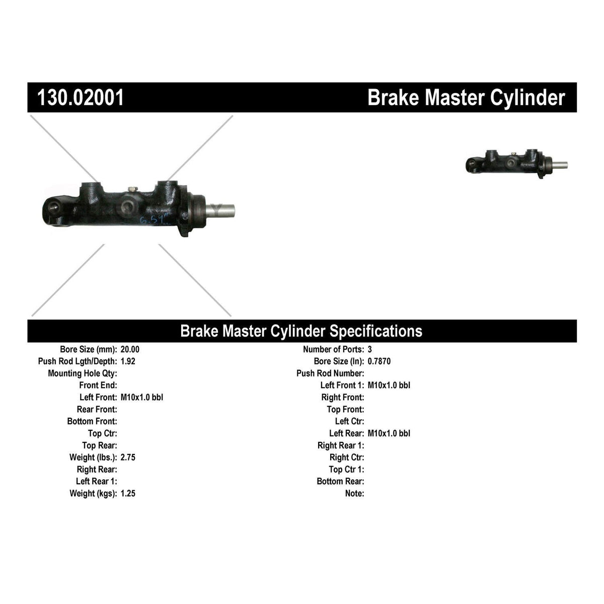 Centric Parts Brake Master Cylinder Premium 130.02001