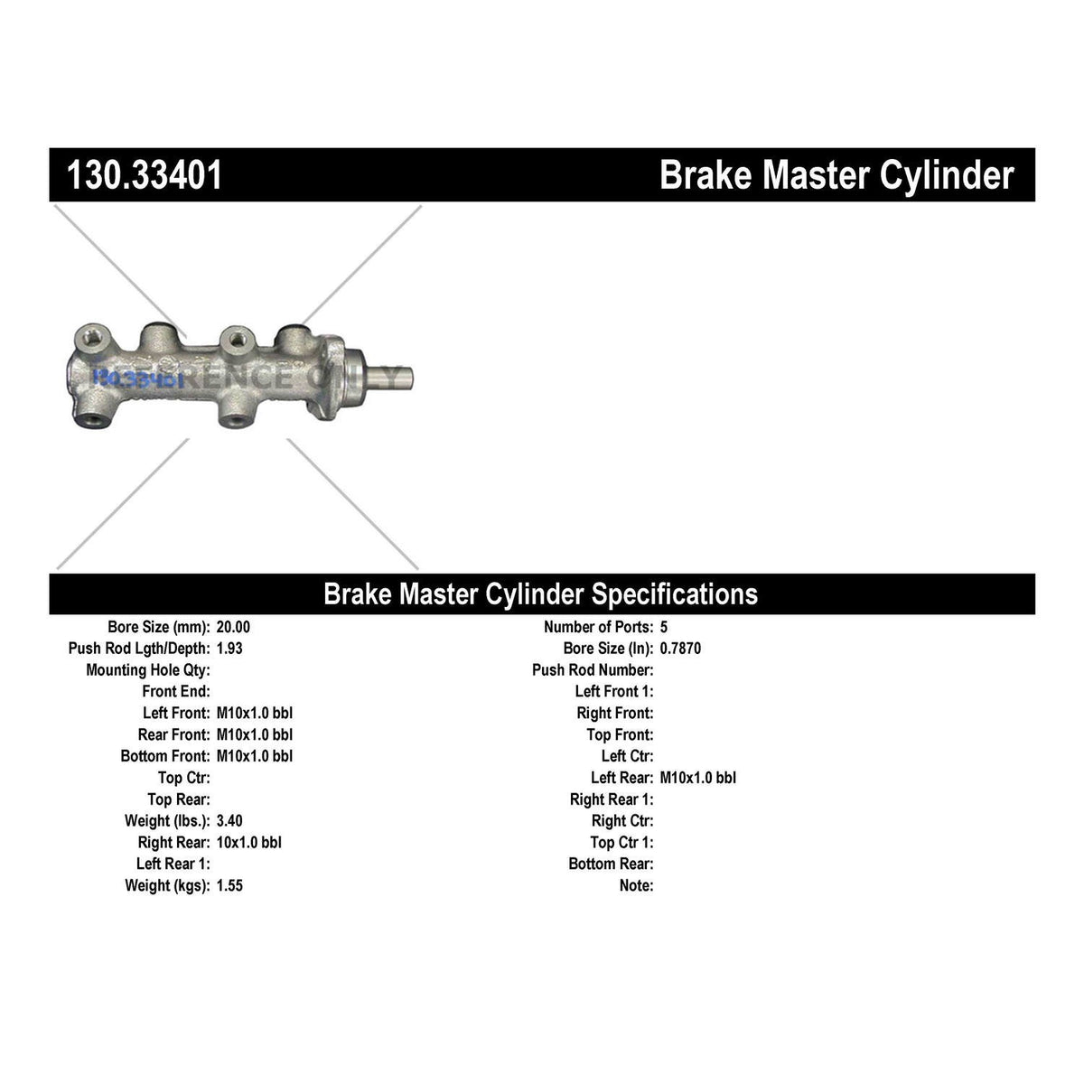 Centric Parts Premium Brake Master Cylinder 130.33401