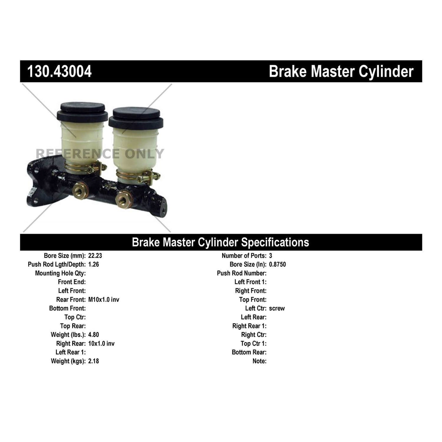 Stoptech Centric 79-80 Chevy LUV Premium Brake Master Cylinder 130.43004