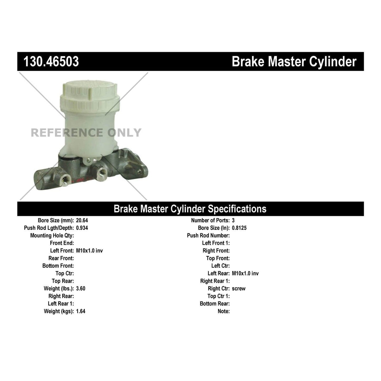 Centric Parts Premium Brake Master Cylinder for 1983-1988 Dodge Colt, Hyundai Excel 1986-1989, Mitsubishi Mirage 1985-1988 130.46503