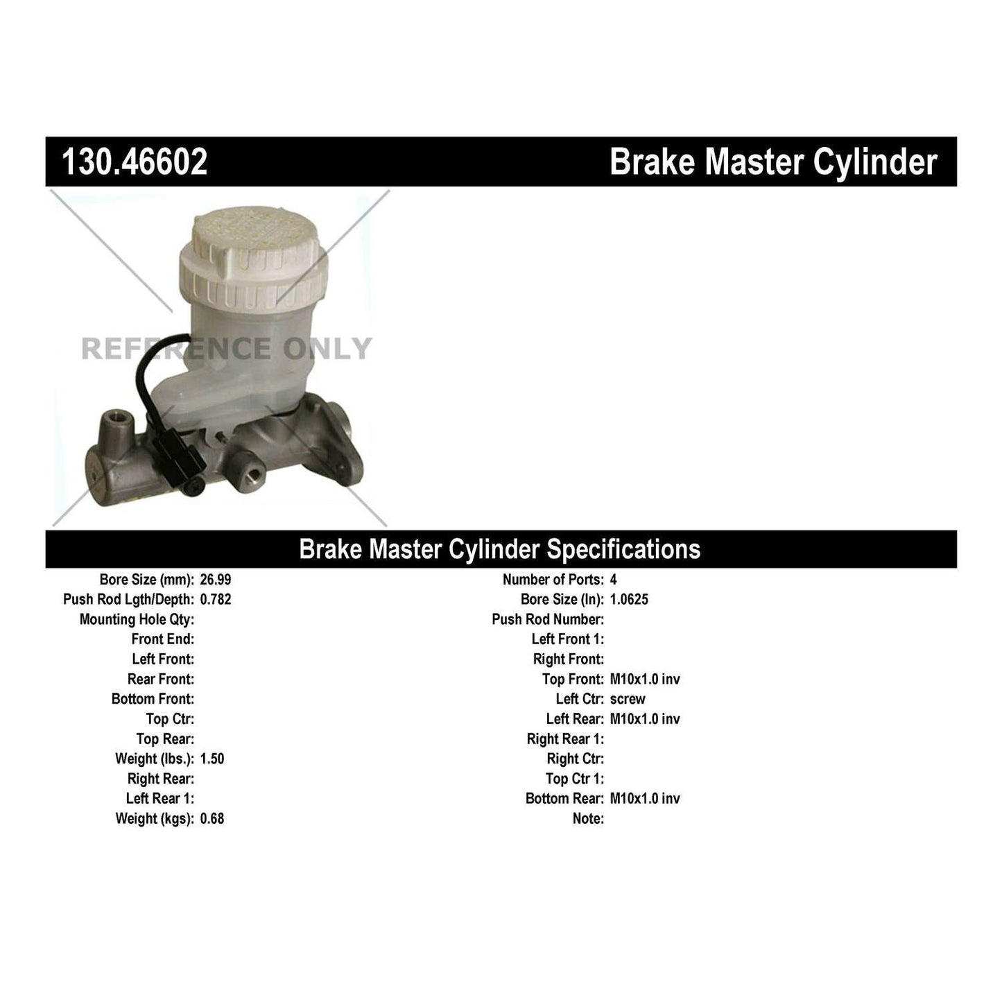 Stoptech Centric 91-96 Dodge Stealth / 91-99 Mitsubishi 3000GT Premium Brake Master Cylinder 130.46602