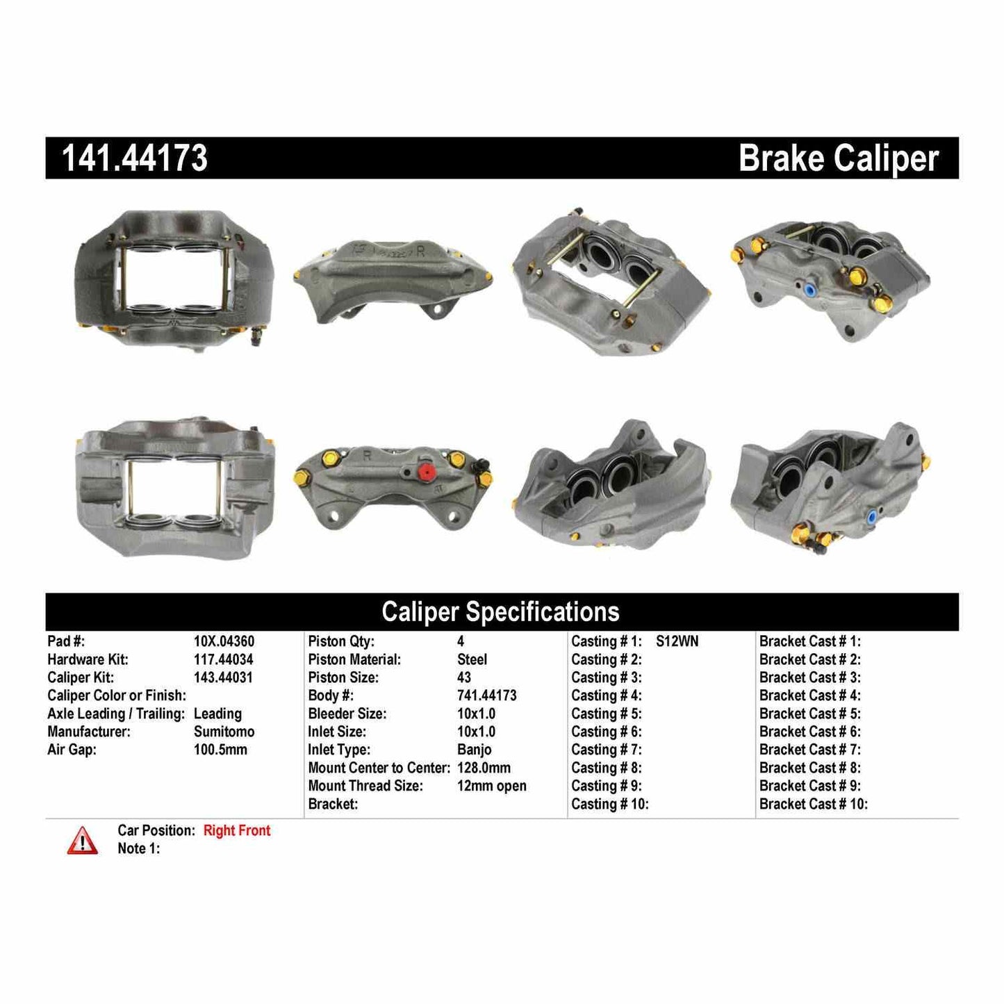 Stoptech Centric Semi-Loaded Brake Caliper - Front Right 141.44173