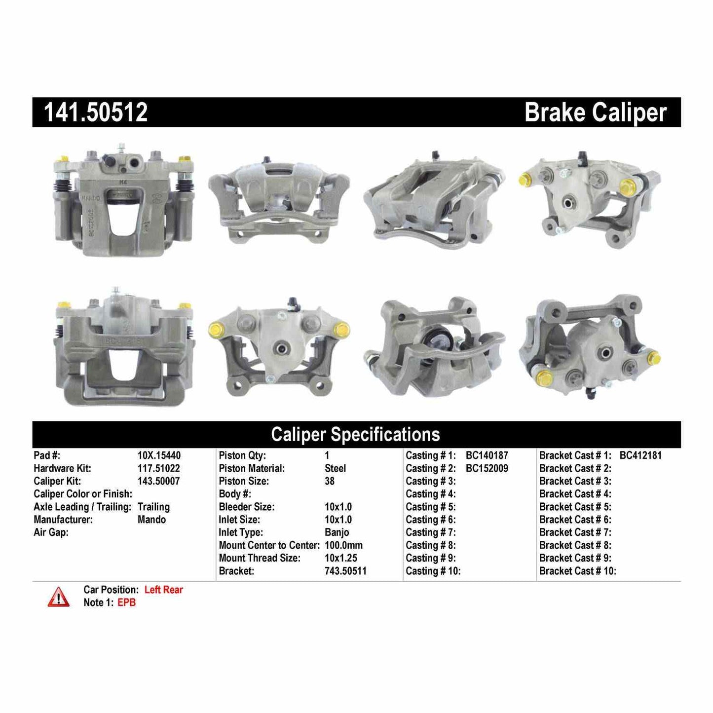 Centric Parts Disc Brake Caliper Semi-Loaded EPB 141.50512