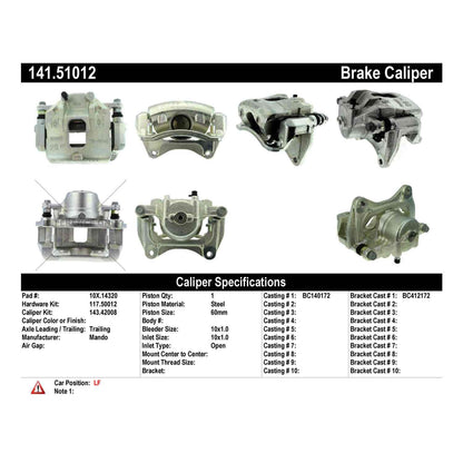 Centric Parts Disc Brake Caliper Semi-Loaded with Anti-Corrosion Finish for 2012-2017 Hyundai Azera 141.51012
