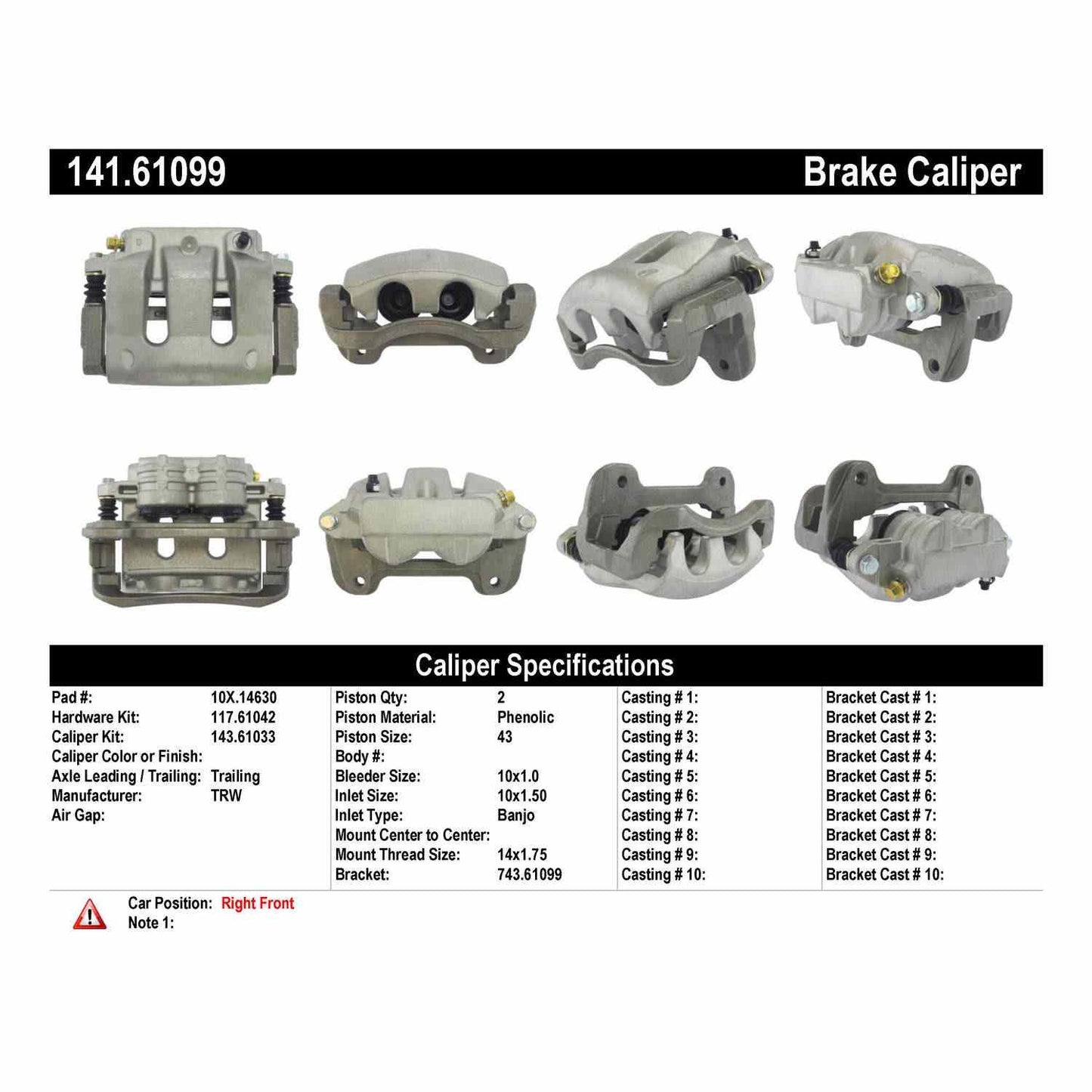 Centric Parts Disc Brake Caliper Semi-Loaded with New Phenolic Pistons for 2011-2014 Ford Mustang 141.61099