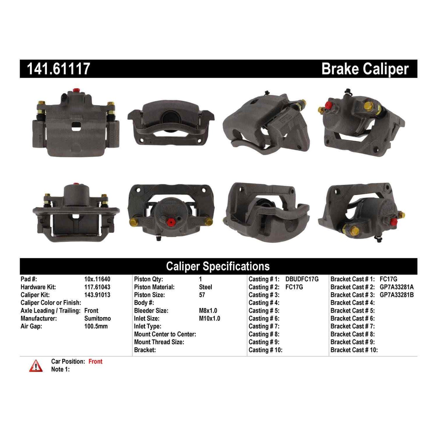 Centric Parts Disc Brake Caliper Semi-Loaded with anti-corrosion finish for 2006-2012 Ford Fusion, Lincoln MKZ, Mazda 6, Mercury Milan, Zephyr 141.61117