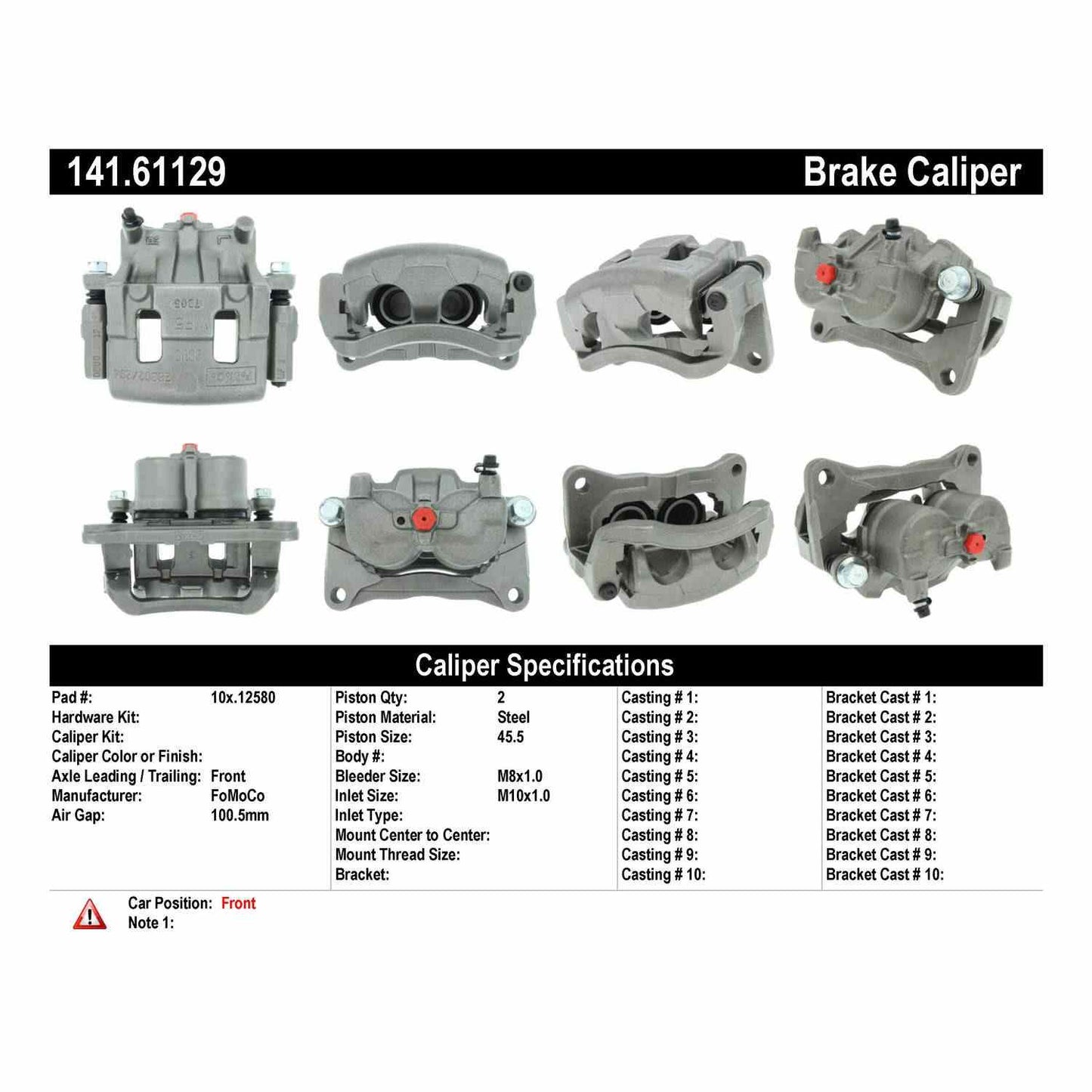 Centric Parts Disc Brake Caliper Semi-Loaded for 2010-2014 Ford Edge, 2010-2015 Lincoln MKX, 2007-2015 Mazda CX‑9 141.61129