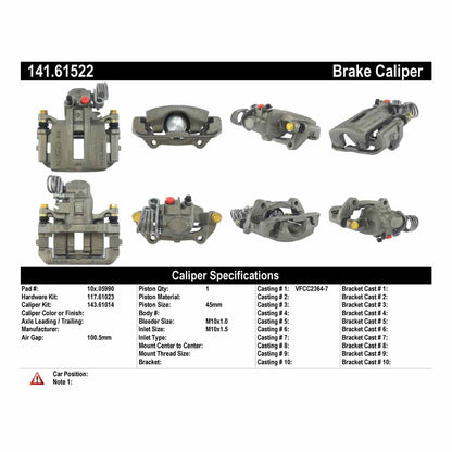 Stoptech Centric Semi-Loaded Brake Caliper - Rear Left 141.61522