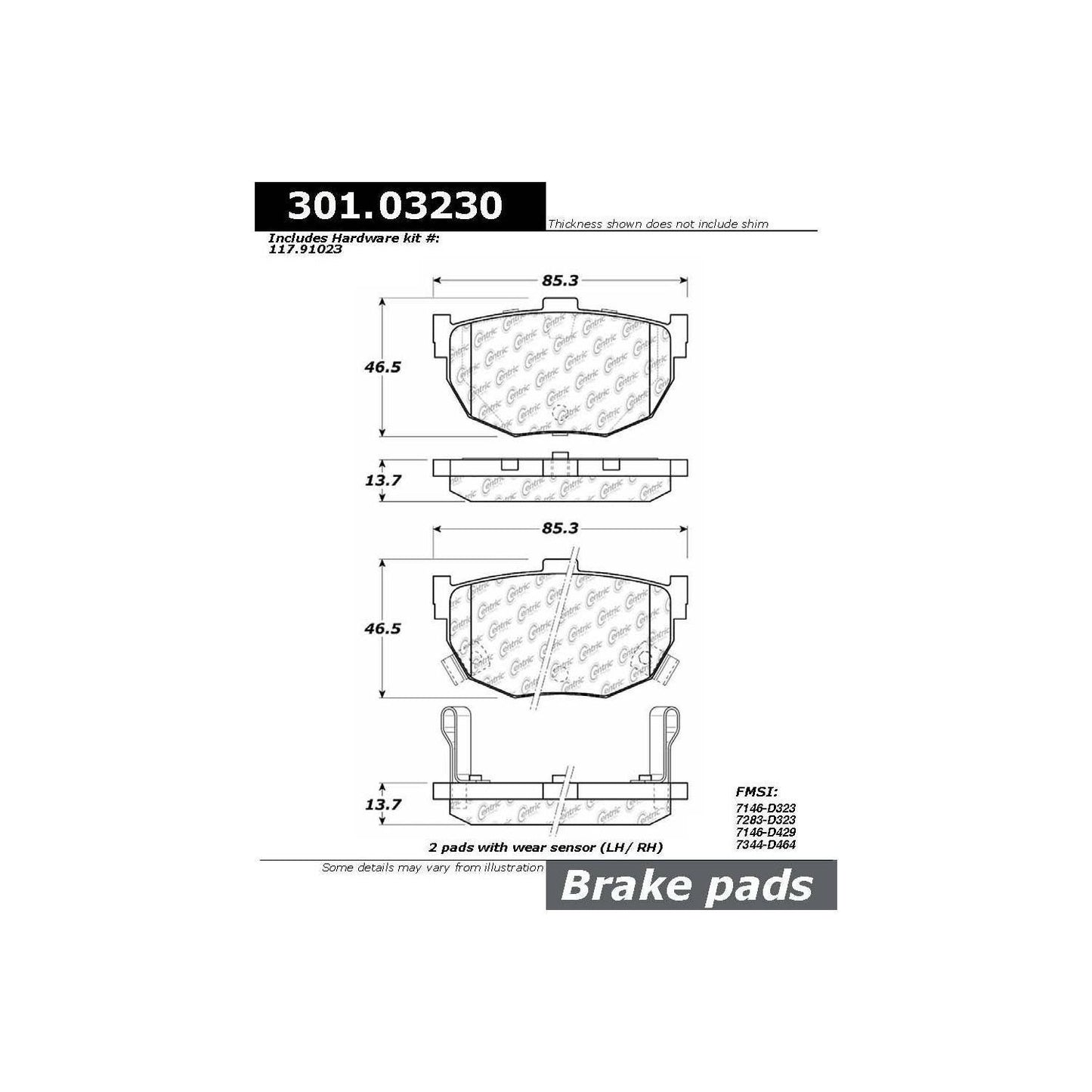 Centric Parts Disc Brake Pad Set Premium Ceramic with Shims and Hardware for 1990-2009 Hyundai Elantra, Kia Spectra, Nissan Maxima 301.03230