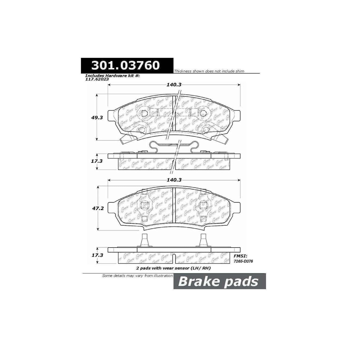 Centric Parts Disc Brake Pad Set Premium Ceramic with Shims for 1996‑2001 Buick Regal, Chevrolet Lumina, Pontiac Grand Prix 301.03760
