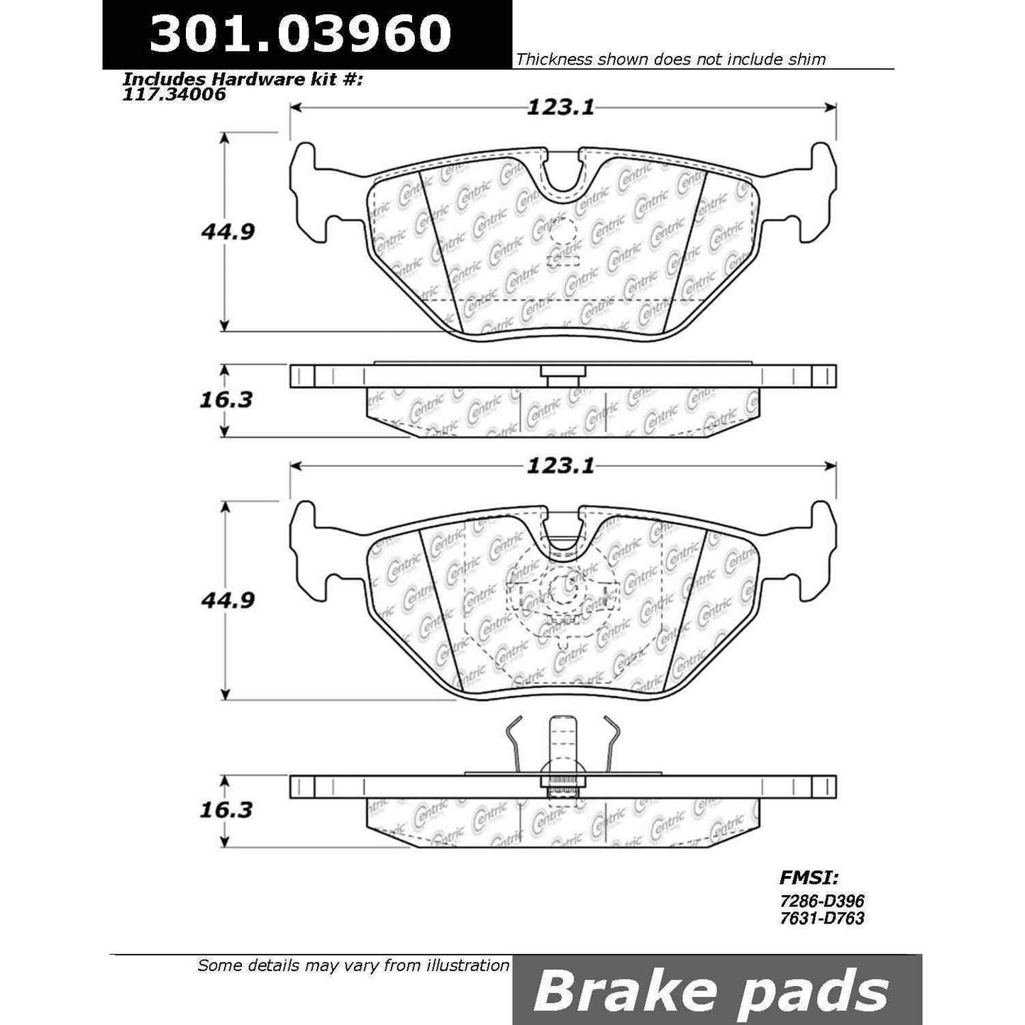 Centric Parts Disc Brake Pad Set Premium Ceramic with Shims and Hardware for 1992-2002 BMW 320i 525i 530i 535i 540i 735i 740i 750i L7 M3 M5 Z3 301.03960