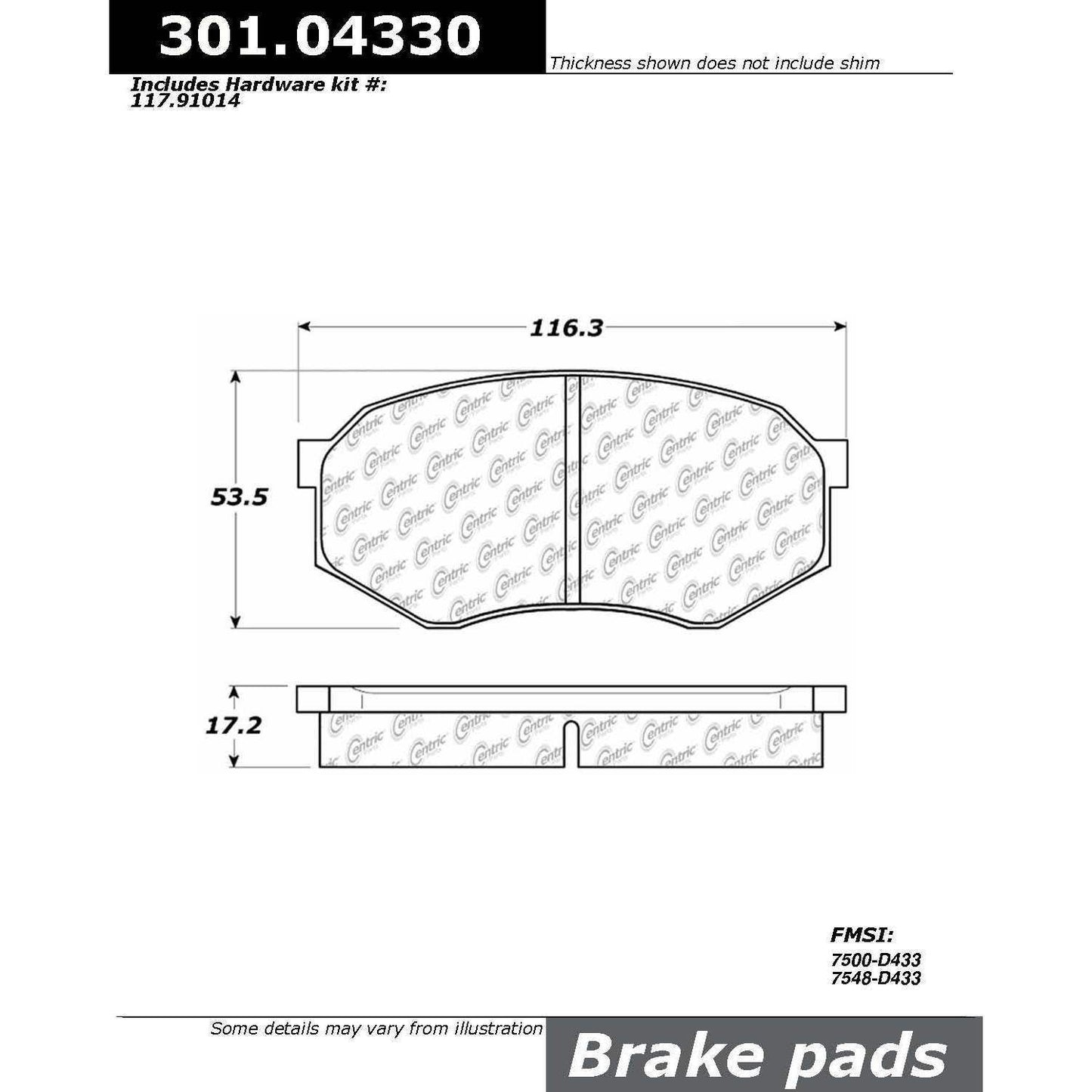 Centric Parts Disc Brake Pad Set Premium Ceramic with Shims and Hardware for Mitsubishi Fuso FE 1995-1989 Toyota Tacoma 2004-1995 301.04330