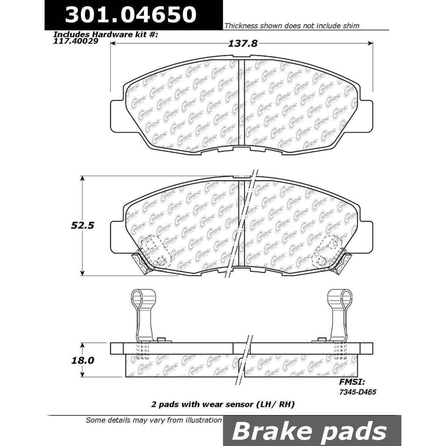 Centric Parts Disc Brake Pad Set Premium Ceramic with Shims and Hardware for 1997-1999 Acura CL 1997-2000 Honda Accord 301.04650