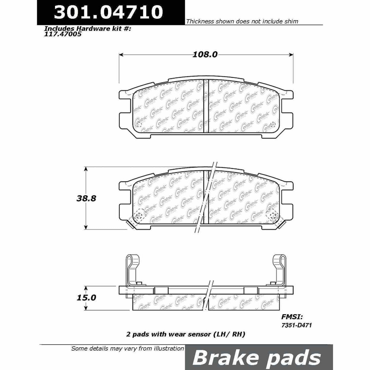 Centric Parts Disc Brake Pad Set Premium Ceramic with Shims for 1993-1999 Subaru Impreza Legacy SVX 301.04710