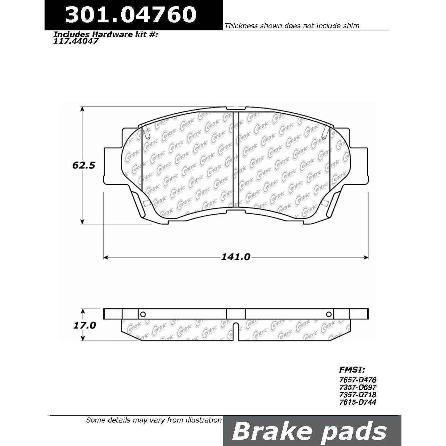Centric Parts Disc Brake Pad Set Premium Ceramic with Shims and Hardware for 2000-2001 Toyota Camry, 1998-2003 Toyota Sienna 301.04760