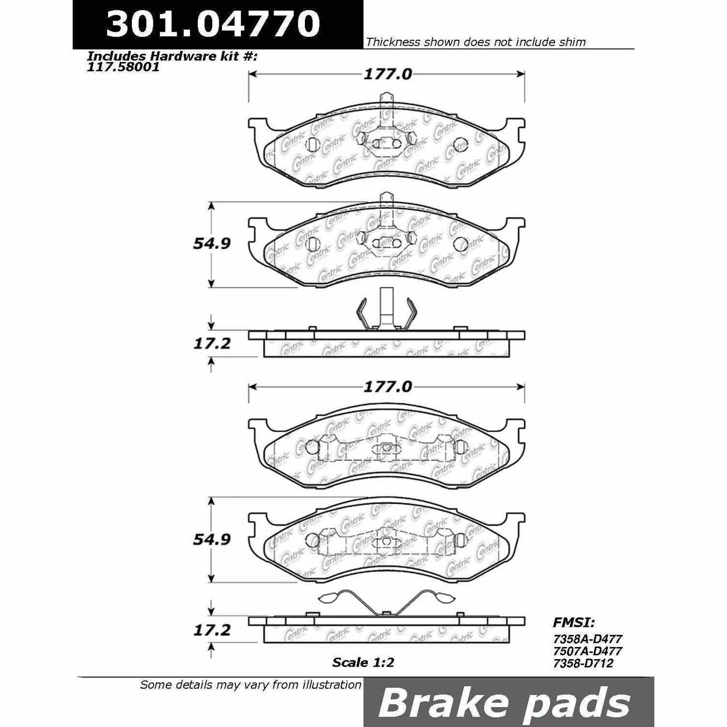 Centric Parts Disc Brake Pad Set Premium Ceramic with Shims and Hardware for Jeep Cherokee 1990-2001, Grand Cherokee 1993-1998, Wrangler 1990-1995, Wrangler 1997-2006 301.04770