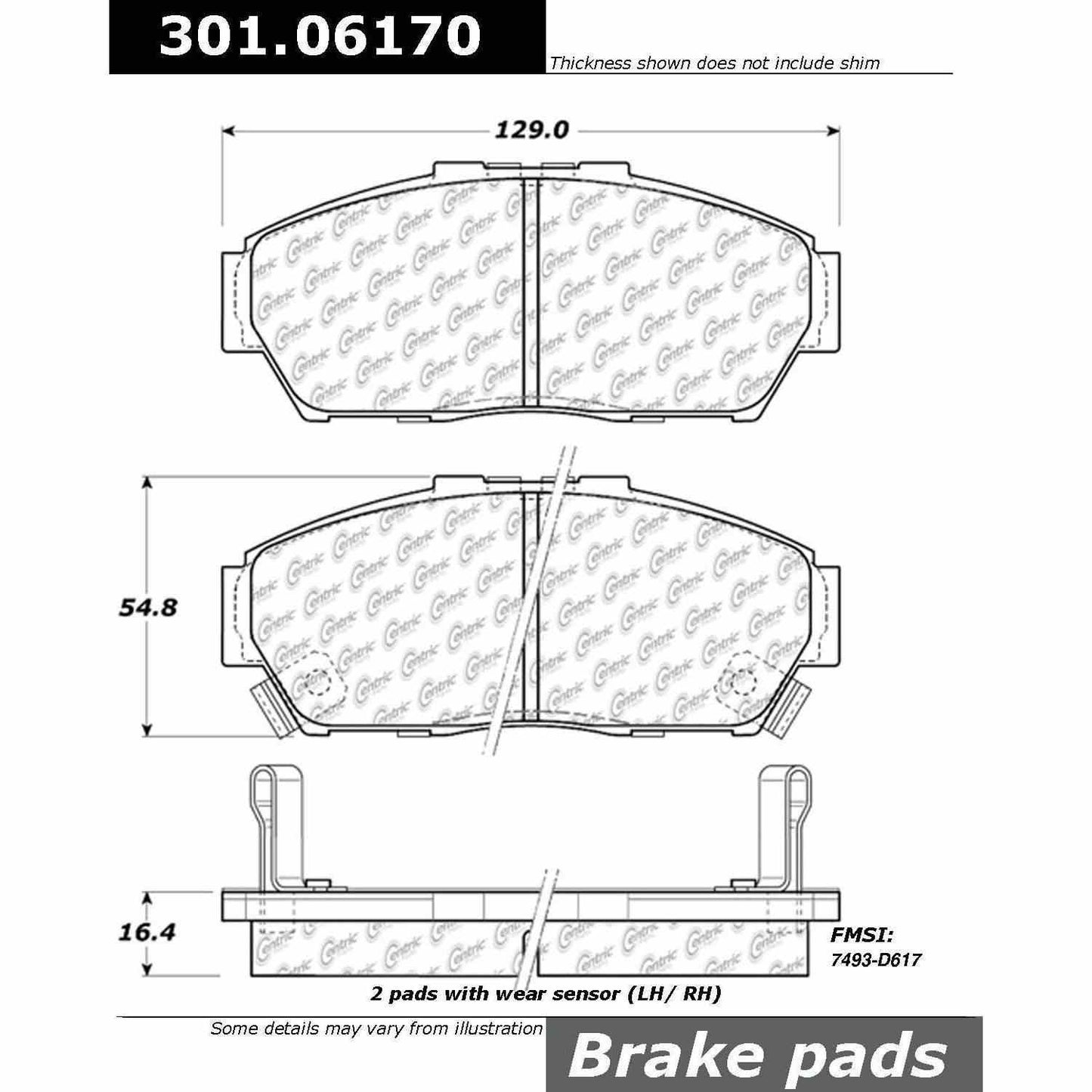 Centric Parts Disc Brake Pad Set Premium Ceramic with Shims and Hardware for 2001-1994 Acura Integra 1995-1993 Honda Civic 301.06170