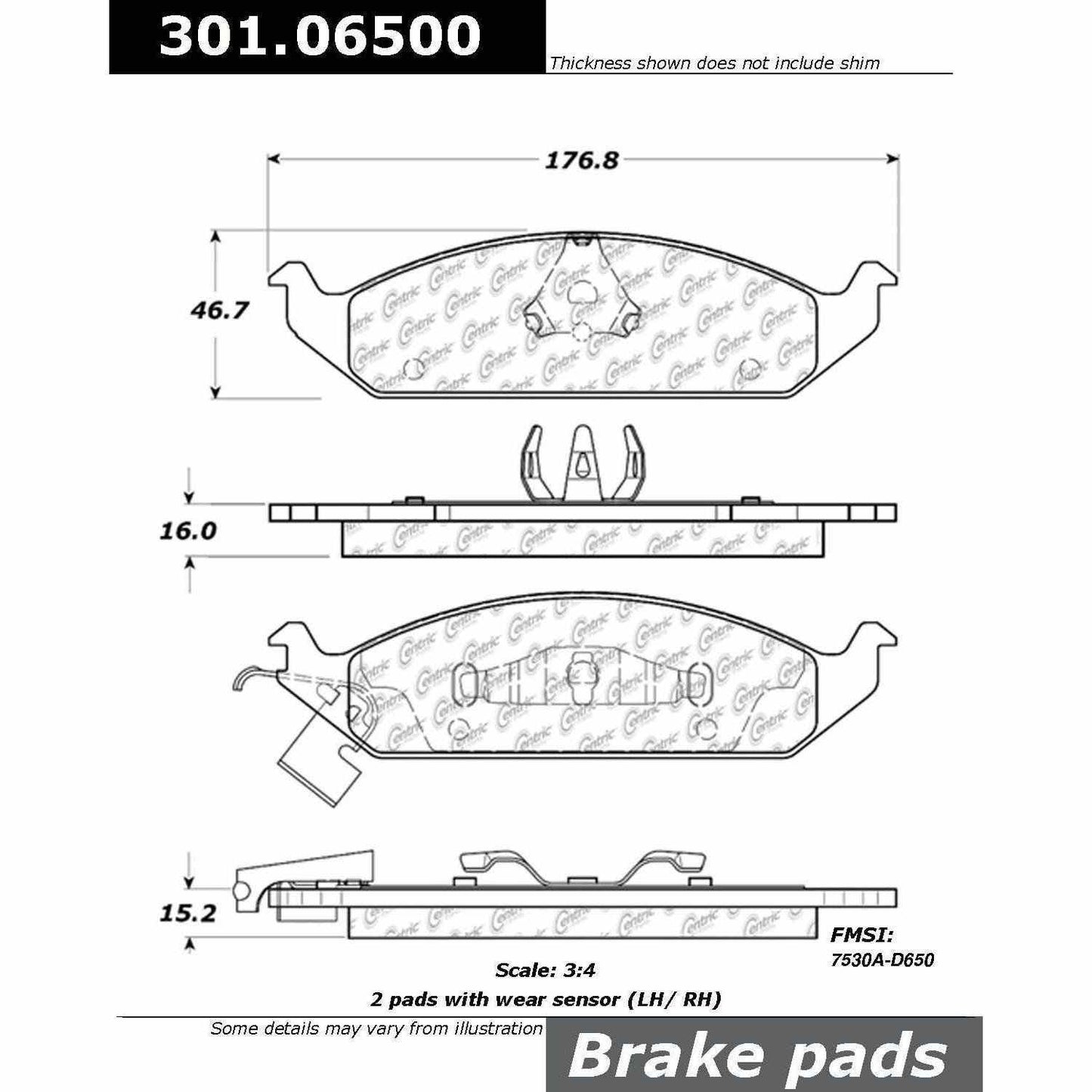 Centric Parts Disc Brake Pad Set Premium Ceramic with Shims and Hardware for 2000-1995 Chrysler Cirrus, Sebring 2000-1996 Dodge Stratus, Plymouth Breeze 301.06500
