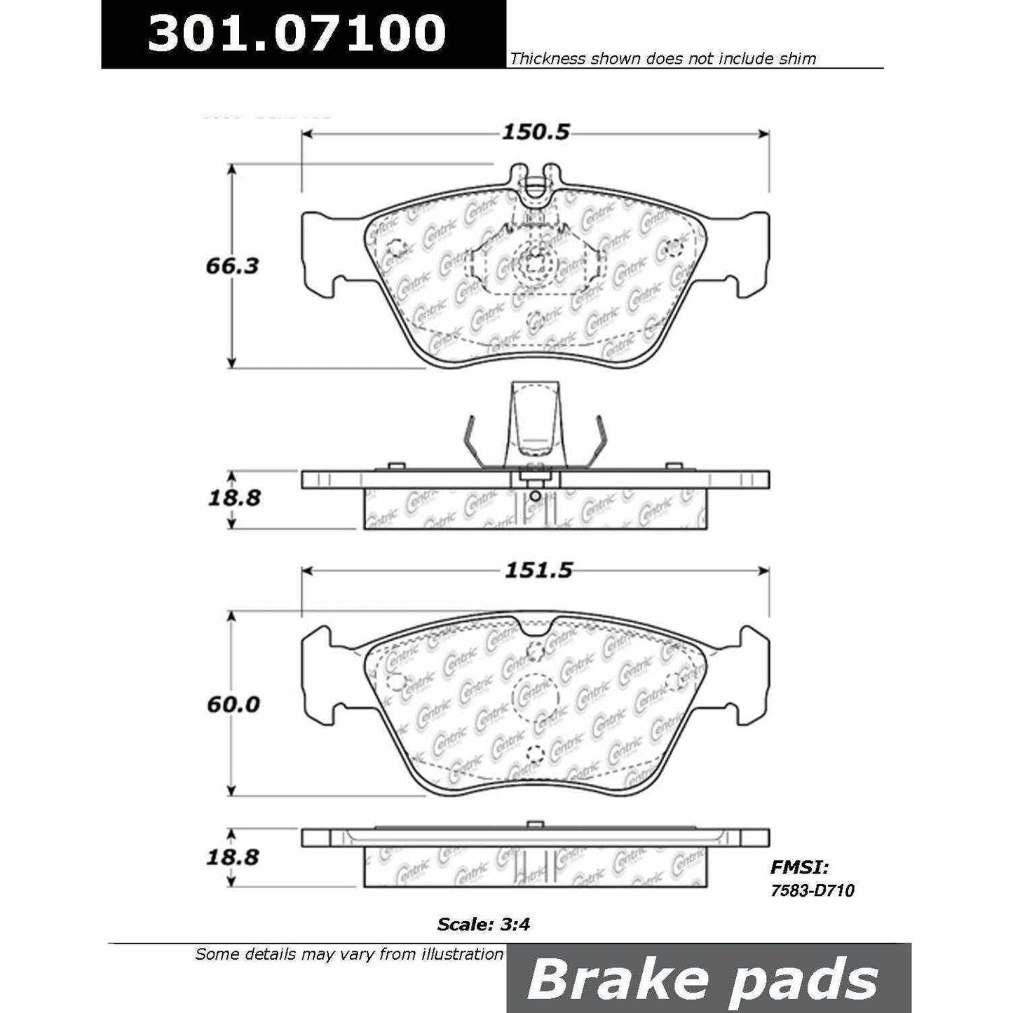 Centric Parts Disc Brake Pad Set Premium Ceramic with Shims and Hardware for 2000-1999 Mercedes-Benz C230, 2000-1996 C280, 1997-1996 E300, 2011-2005 SLK200, 2004-1998 SLK230 301.07100