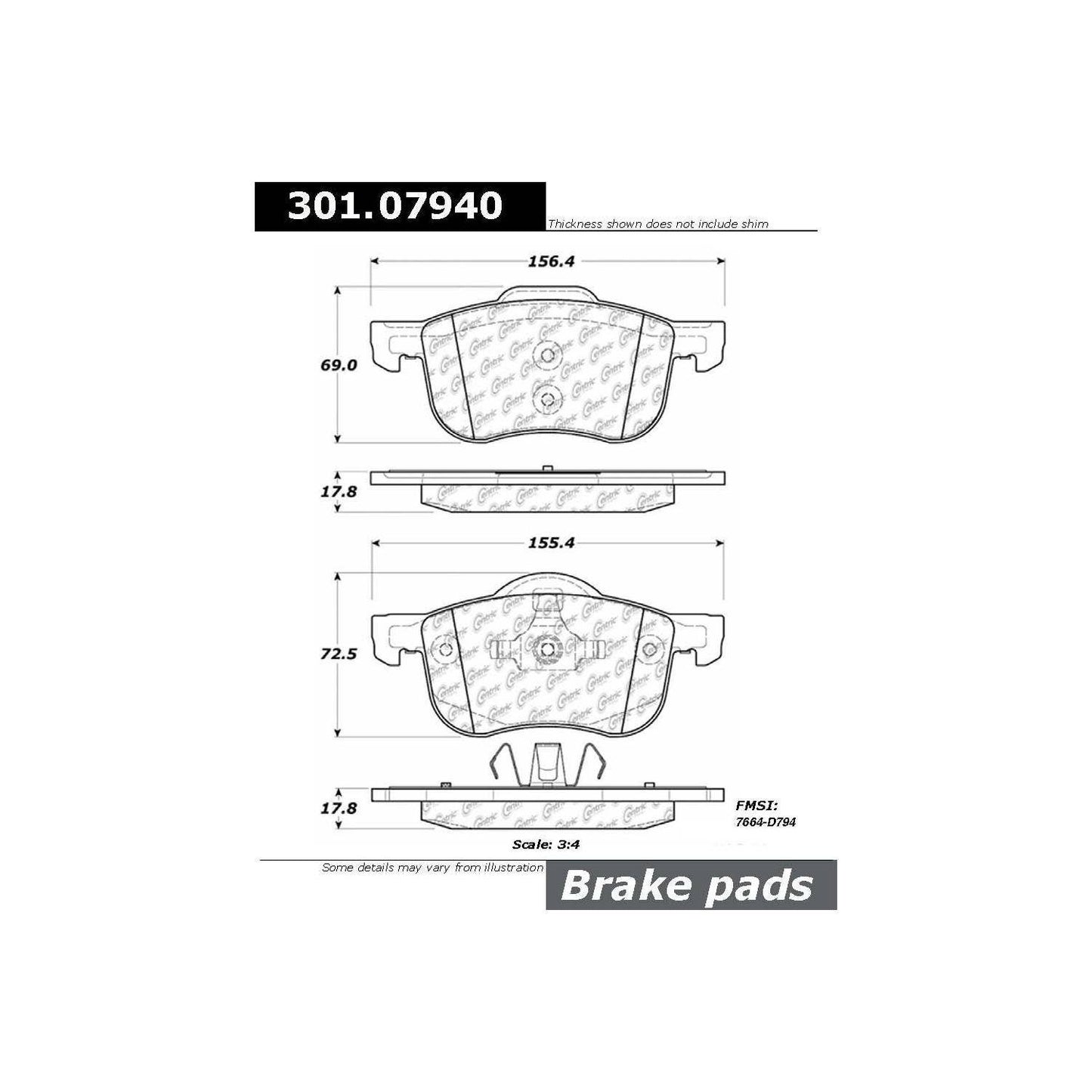 Centric Parts Disc Brake Pad Set Premium Ceramic with Shims for Volvo C70 2005, S60 2009-2001, S80 2006-1999, V70 2007-2001, XC70 2007-2003 301.07940