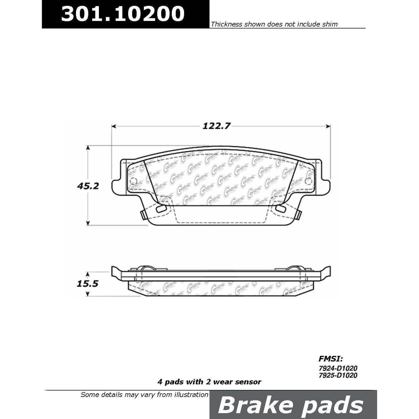 Centric Parts Disc Brake Pad Set with High Performance Shims for Passenger Cars and Light Duty Trucks 301.10200