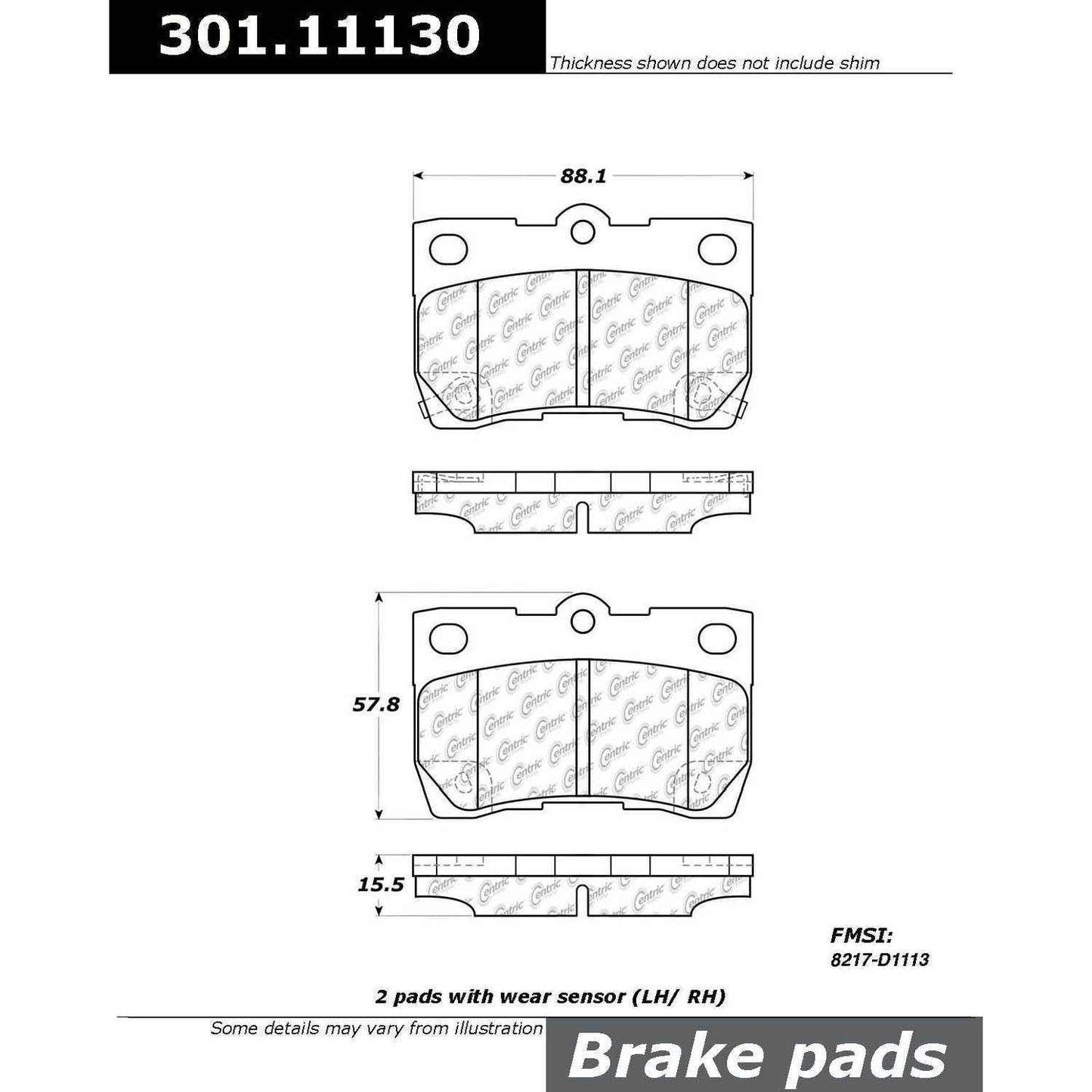 Centric Parts Disc Brake Pad Set Premium Ceramic with Shims and Hardware for 2006-2011 Lexus GS300 GS350 GS430 GS450h GS460 IS250 IS350 301.11130