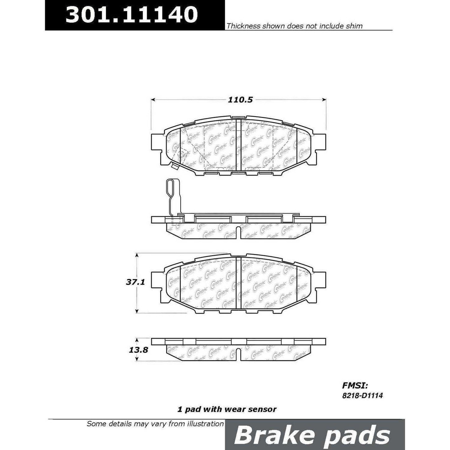 Stoptech Centric Centric Premium Ceramic Brake Pads 301.11140