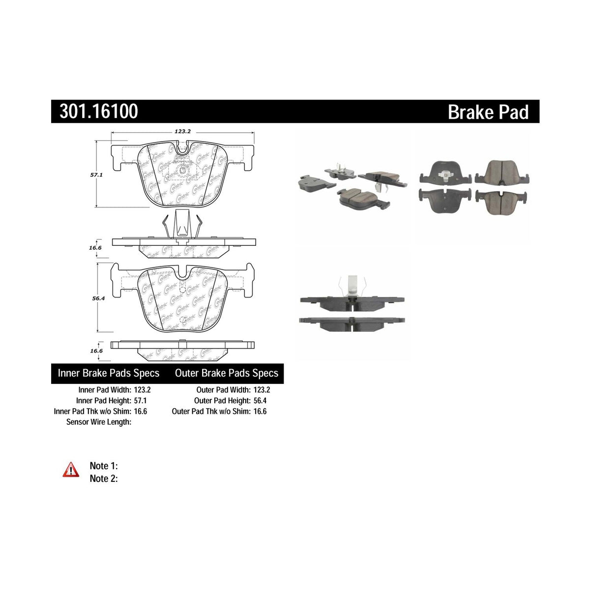 Stoptech Centric Premium Ceramic Brake Pads Shims and Hardware - Rear 301.16100