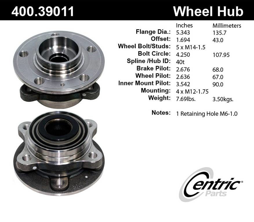Centric Parts Wheel Bearing and Hub Assembly Premium without ABS 400.39011