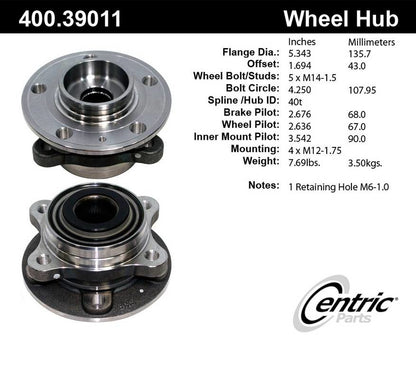 Centric Parts Wheel Bearing and Hub Assembly Premium without ABS 400.39011