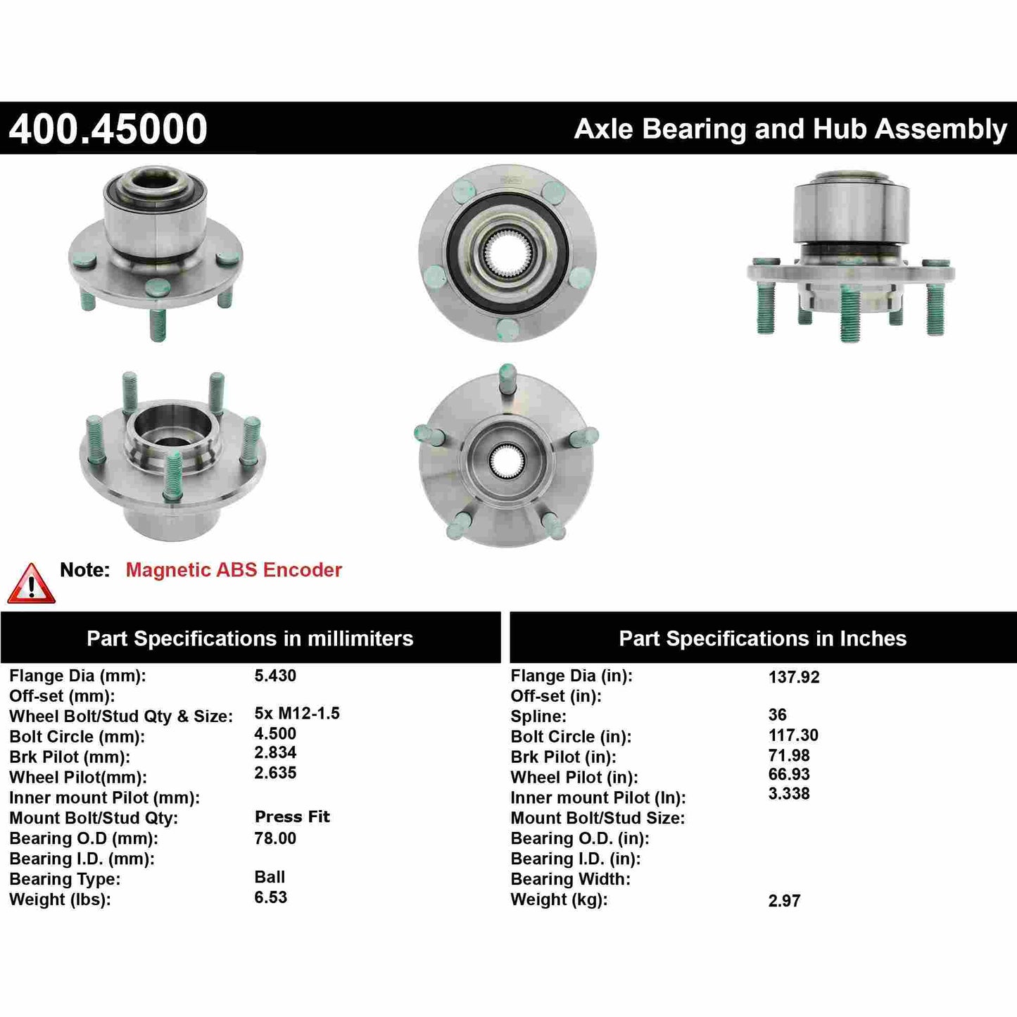 Centric Parts Wheel Bearing and Hub Assembly Premium with ABS for 2004-2005 Mazda 3 400.45000