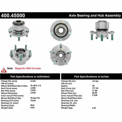 Centric Parts Wheel Bearing and Hub Assembly Premium with ABS for 2004-2005 Mazda 3 400.45000