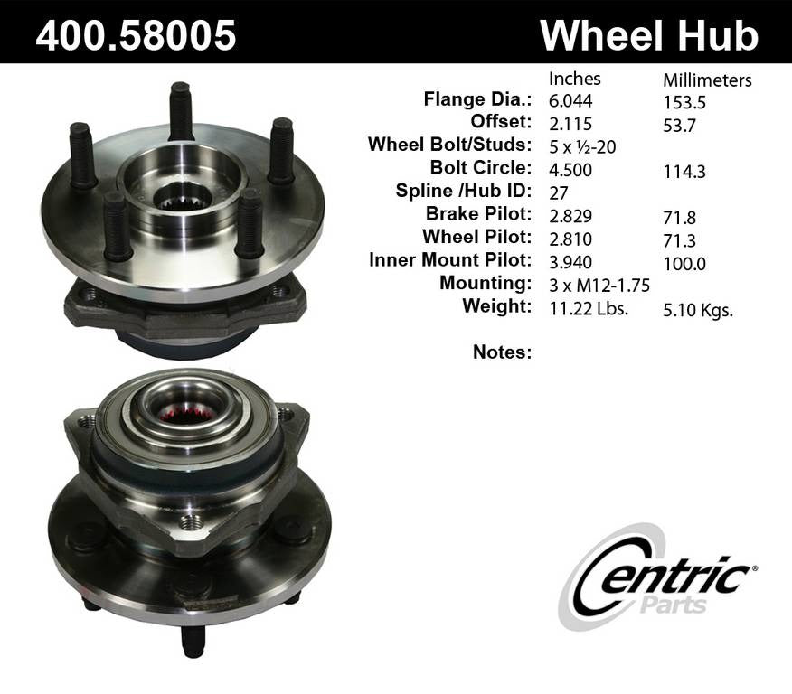 Centric Parts Wheel Bearing and Hub Assembly Premium without ABS for 1940-2017 Vehicles 400.58005