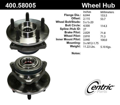Centric Parts Wheel Bearing and Hub Assembly Premium without ABS for 1940-2017 Vehicles 400.58005