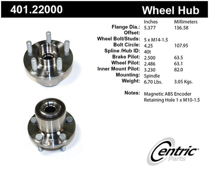 Centric Parts Wheel Bearing and Hub Assembly Premium with ABS Tone Ring/Encoder 401.22000