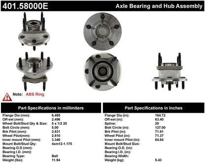 Centric Parts Wheel Bearing and Hub Assembly Standard with ABS Tone Ring/Encoder for 2006-2010 Jeep Commander 2005-2010 Grand Cherokee 401.58000E