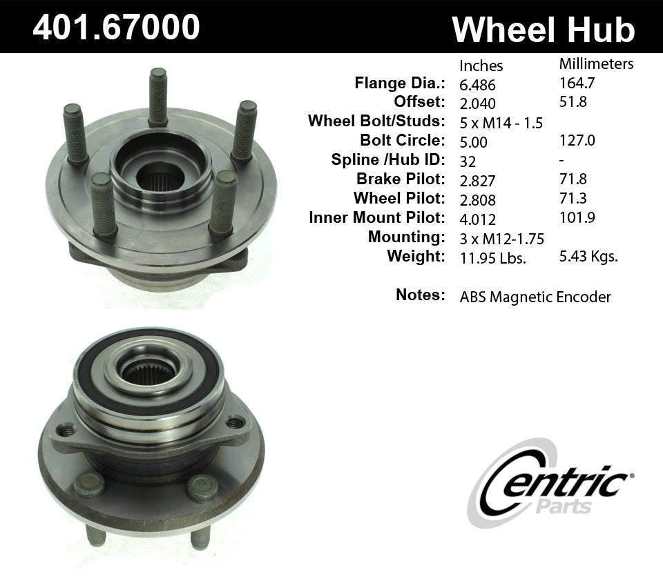 Centric Parts Wheel Bearing and Hub Assembly Premium with ABS Tone Ring/Encoder 401.67000