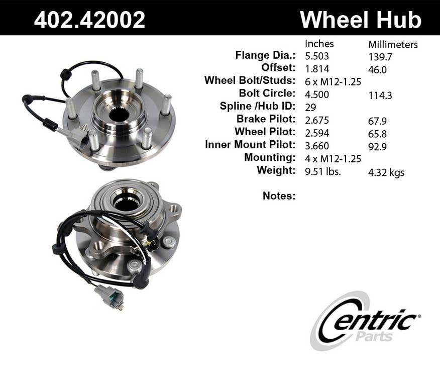 Centric Parts Premium Hub and Bearing Assembly With Integral ABS 402.42002