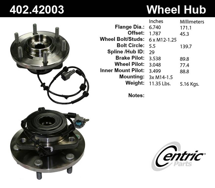 Centric Parts Wheel Bearing and Hub Assembly Premium with Integral ABS 402.42003