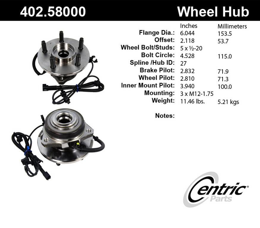 Centric Parts Premium Hub and Bearing Assembly With Integral ABS 402.58000