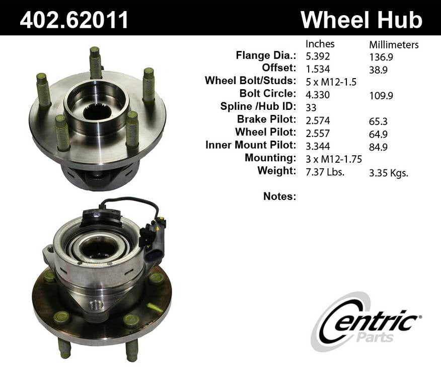 Centric Parts Wheel Bearing and Hub Assembly Premium with Integral ABS 402.62011