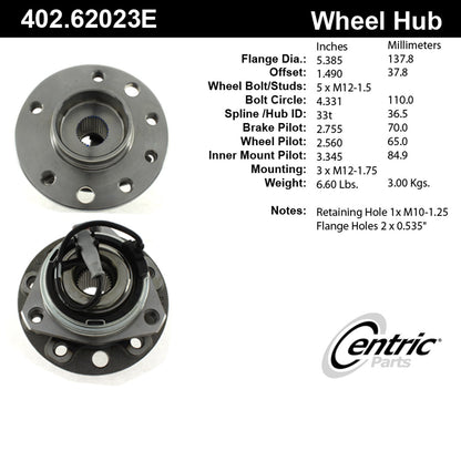 Centric Parts Wheel Bearing and Hub Assembly Standard with Integral ABS for 2008-2009 Saturn Astra 402.62023E