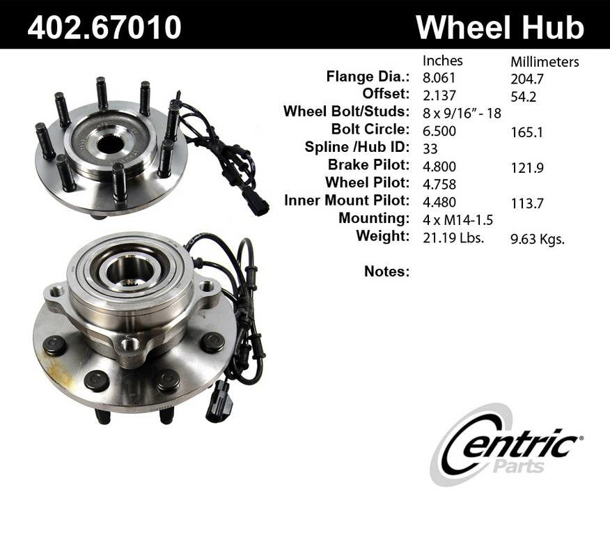 Centric Parts Premium Hub and Bearing Assembly With Integral ABS 402.67010