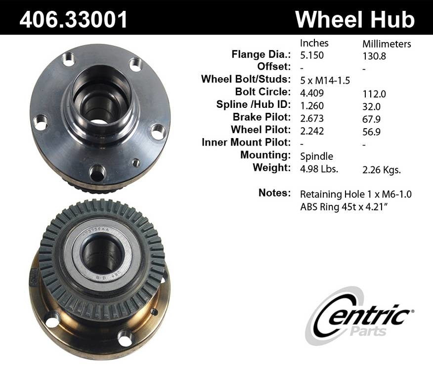Centric Parts Wheel Bearing and Hub Assembly Premium Hub & Bearing Assembly with ABS