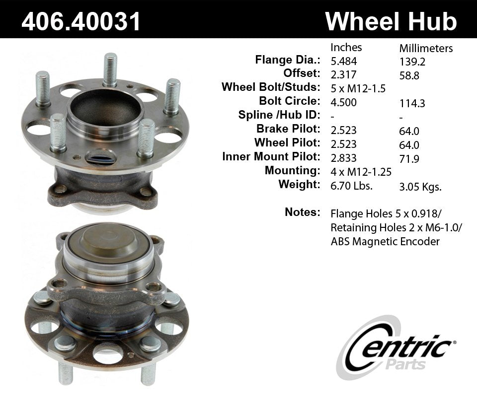 Centric Parts Wheel Bearing and Hub Assembly Premium Non-Driven Hubs with ABS for 2015-2020 Acura TLX 2013-2015 Honda Accord 406.40031