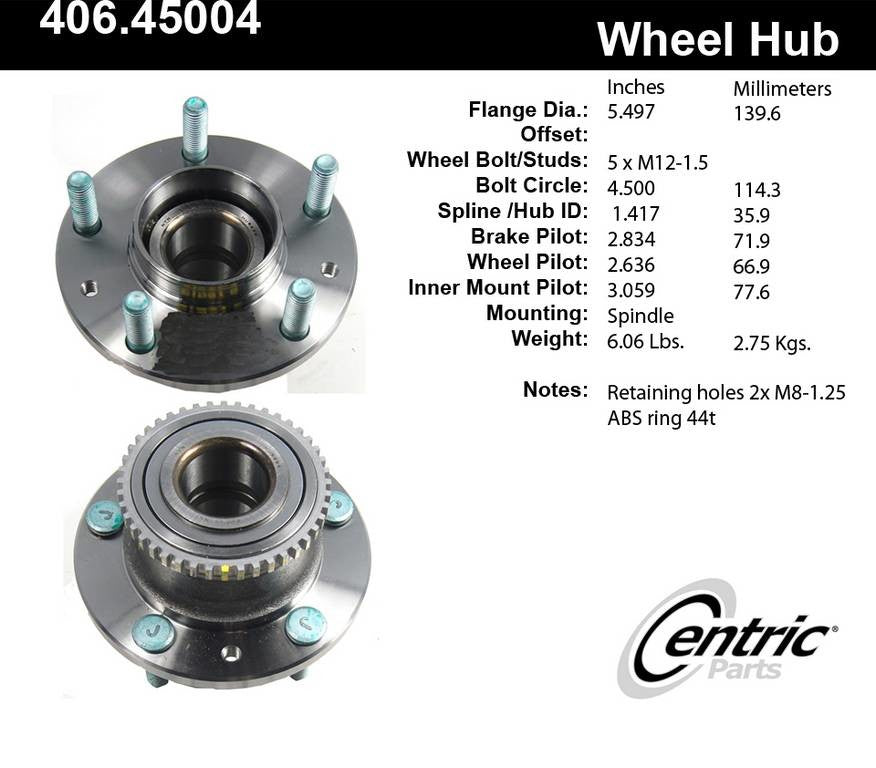 Centric Parts Wheel Bearing and Hub Assembly Premium Non-Driven Hubs with ABS for Ford Fusion 2012-2006 Lincoln MKZ 2012-2007 406.45004